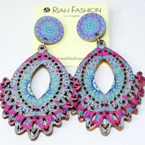 Wood Mandala Tear Drop Dangling Oversize Earrings